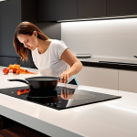 **A modern kitchen with a sleek, smart induction cooktop. A woman is effortlessly wiping the surface with a cloth. Soft, diffused lighting highlights the clean lines and energy-efficient design.**