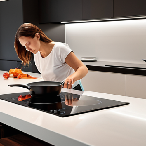 Home 19 **A modern kitchen with a sleek, smart induction cooktop. A woman is effortlessly wiping the surface with a cloth. Soft, diffused lighting highlights the clean lines and energy-efficient design.**