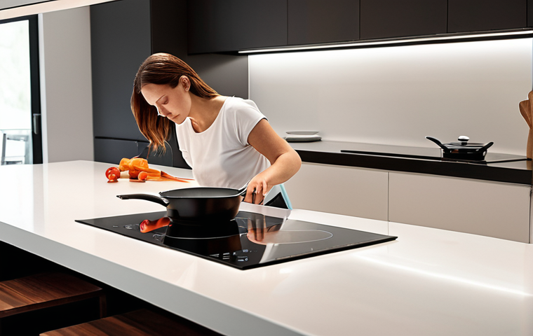 **A modern kitchen with a sleek, smart induction cooktop. A woman is effortlessly wiping the surface with a cloth. Soft, diffused lighting highlights the clean lines and energy-efficient design.**