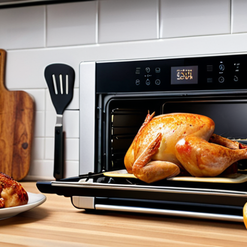 Home 18 **A smart oven with a digital display, showing the interior with a perfectly cooked chicken, crispy on the outside and tender inside. A smartphone is next to it, displaying the oven's settings.** (Focuses on smart ovens and their features).