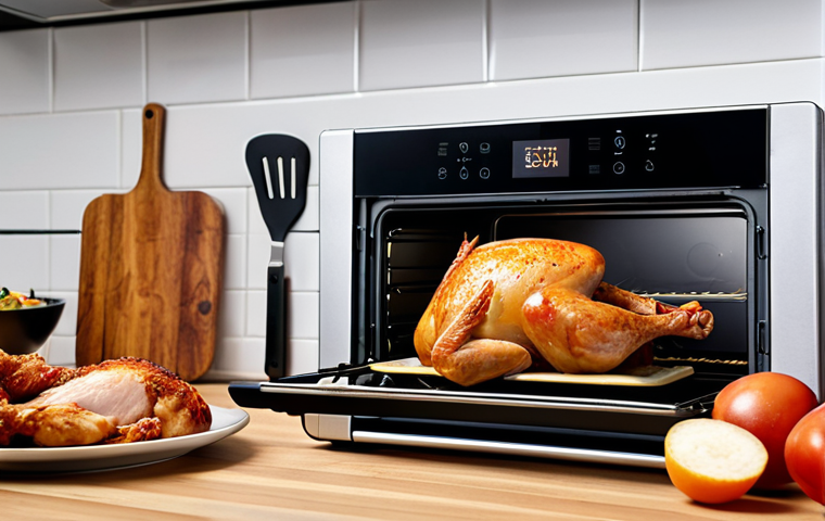 **A smart oven with a digital display, showing the interior with a perfectly cooked chicken, crispy on the outside and tender inside. A smartphone is next to it, displaying the oven's settings.** (Focuses on smart ovens and their features).