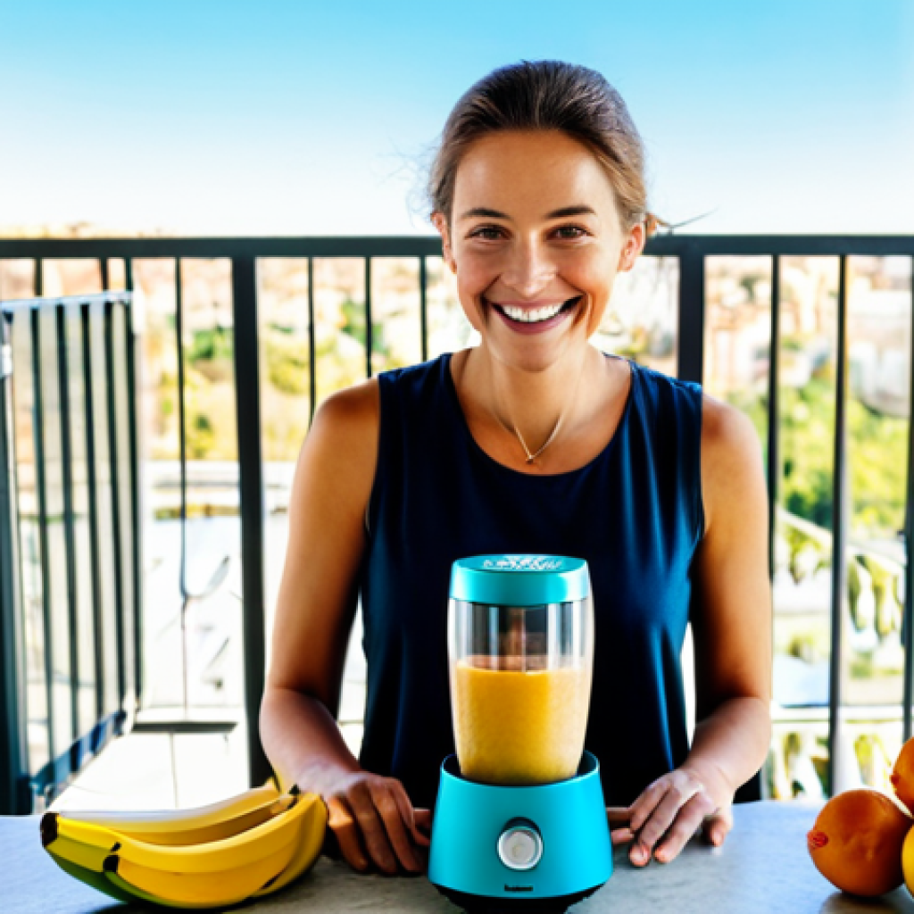 A joyful woman, fully clothed in modest, comfortable clothing, using a sleek, portable wireless blender to prepare a refreshing smoothie on a spacious, sunlit balcony. Fresh fruits are visible nearby. The setting suggests a sense of freedom and a healthy lifestyle. Perfect anatomy, correct proportions, natural pose, well-formed hands, proper finger count. Professional photography, natural lighting, high resolution, vibrant colors. Safe for work, appropriate content, family-friendly.