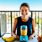 A joyful woman, fully clothed in modest, comfortable clothing, using a sleek, portable wireless blender to prepare a refreshing smoothie on a spacious, sunlit balcony. Fresh fruits are visible nearby. The setting suggests a sense of freedom and a healthy lifestyle. Perfect anatomy, correct proportions, natural pose, well-formed hands, proper finger count. Professional photography, natural lighting, high resolution, vibrant colors. Safe for work, appropriate content, family-friendly.