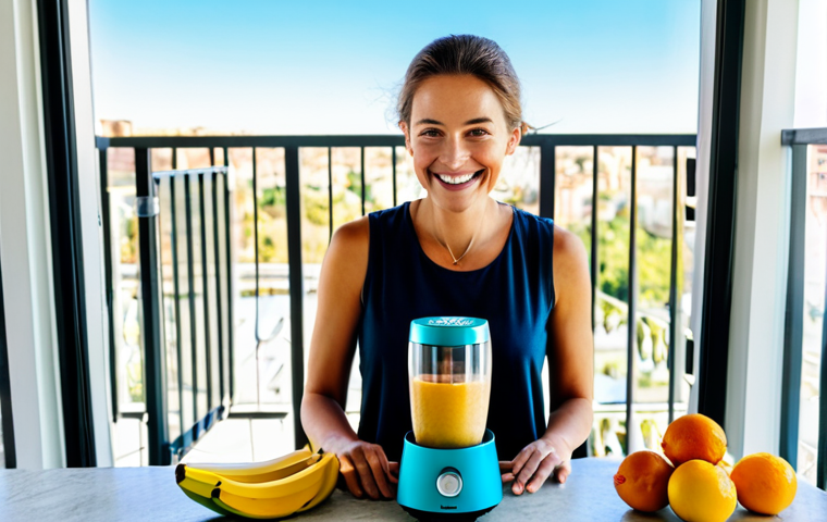 A joyful woman, fully clothed in modest, comfortable clothing, using a sleek, portable wireless blender to prepare a refreshing smoothie on a spacious, sunlit balcony. Fresh fruits are visible nearby. The setting suggests a sense of freedom and a healthy lifestyle. Perfect anatomy, correct proportions, natural pose, well-formed hands, proper finger count. Professional photography, natural lighting, high resolution, vibrant colors. Safe for work, appropriate content, family-friendly.